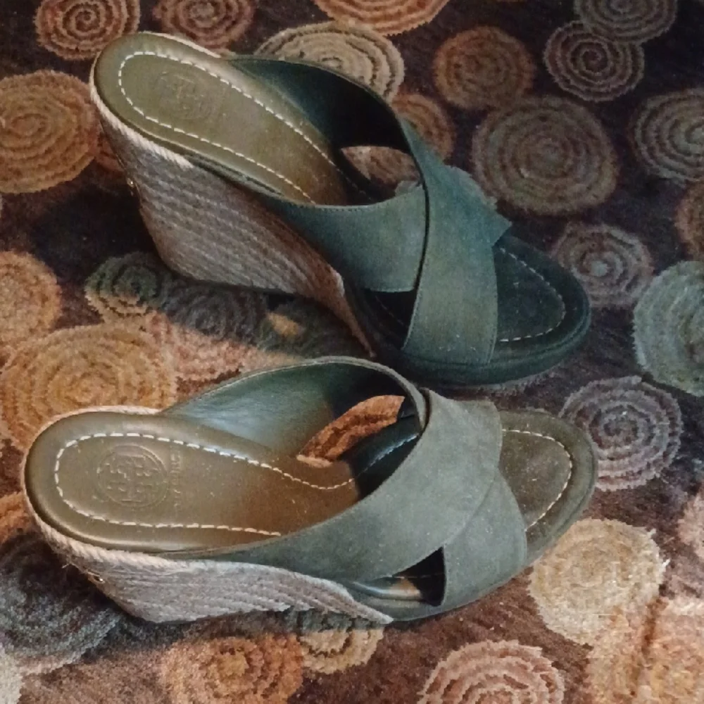 Tory Burch Dark Green Suede Crisscross Mule Slides